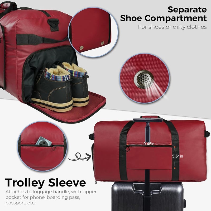 Fmeida 65L Duffle Bag with Shoes Compartment, Foldable Travel Duffel Bags for Men Women, Large Packable Travel Bag Water Repellent & Tear Resistant (Red) - Image 5